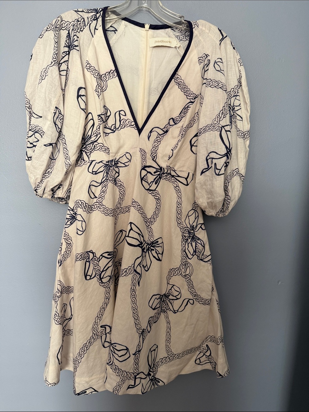 Zimmermann Day Midi Dress Navy Bows Linen Size 0 US 4 Resort 2022